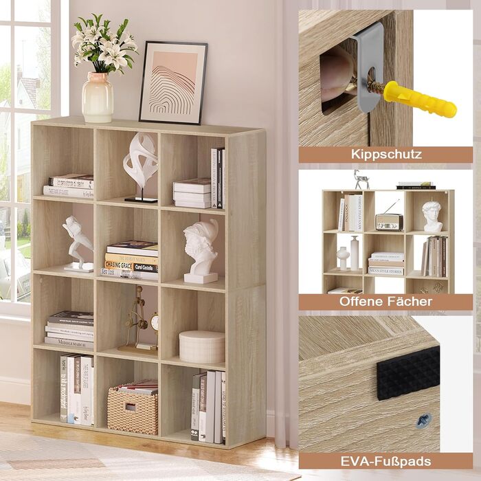Книжкова полиця eSituro з 12 відділеннями, окремостояча кубічна полиця, відкрита полиця-перегородка для кімнати, сучасна стояча полиця, для вітальні, дитячої кімнати, офісу, спальні, 9120x29 см, світлий дуб