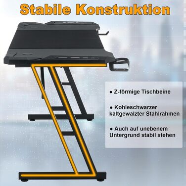 Ігровий стіл 160x60 см зі світлодіодним освітленням, ергономічний комп&39ютерний стіл Z-подібної форми з гачком для навушників, підставкою для склянок та виглядом з вуглецевого волокна, ігровий стіл для ПК, ноутбука та ігор - чорний 160 x 60 см - зі світл
