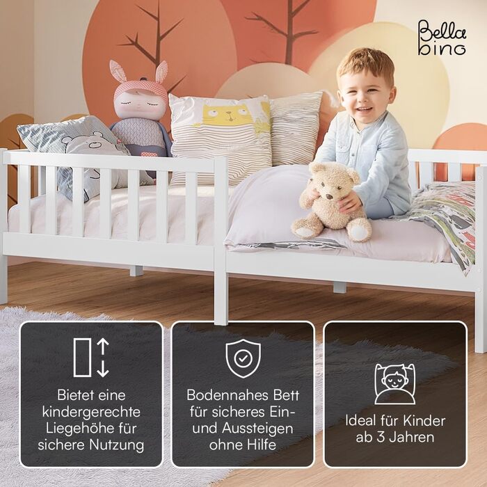 Дитяче ліжко Bellabino Vere 90x200 см Ліжко Монтессорі із захистом від падіння та рейковою основою Дитяче ліжко з масиву сосни для хлопчиків та дівчаток Ліжко для малюків білого кольору 90x200 см без шухляд та матраца