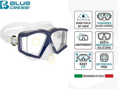 Маска унісекс для дайвінгу та сноркелінгу з 4 окремими загартованими лінзами або комплект маскасноркель Scilla Top Dry Combo для необмеженого кругового огляду Combo Clear/Ice Blue
