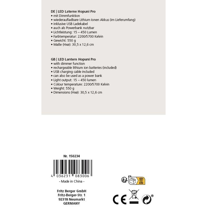Світлодіодний кемпінговий ліхтар BERGER Hopuni Pro Акумуляторний вуличний ліхтар із регульованою яскравістю Кемпінговий ліхтар без блоку живлення з батареєю та USB-кабелем Легкий бездротовий ліхтар на батарейках для кемпінгу, наметів та відключень електро