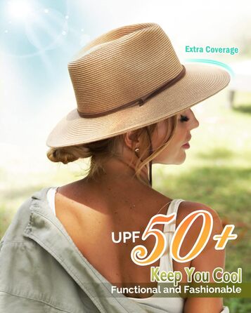 Унісекс Панама Капелюх Широкий козирок Літній капелюх Захист від УФ-випромінювання Сонячний капелюх з ремінцем підборіддя Пляжний капелюх для чоловіків та жінок Регульований солом&39яний капелюх ML Хакі