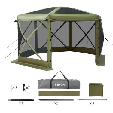 Розкладний павільйон VEVOR, 3,6x3,6 м, великий 6-сторонній кемпінговий намет зі знімним дахом та сумкою для перенесення, намет для вечірок, сонцезахисний тент на 8-10 осіб, для саду та тераси, зелений