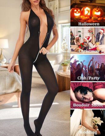 Жіночий сітчастий бодістокінг, з блискавкою, чорний, глибокий V-виріз