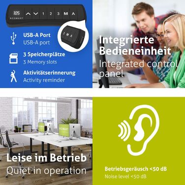 Чорний - Ергономічна рама для столу з функцією сидячи/стоячи, безступінчасте електричне регулювання висоти 71-121 см, 3 слоти пам&39яті, порт заряджання USB, нагадування про активність, плавний старт/зупинка, 121B