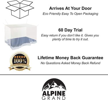 Москітна сітка Alpine Grand Premium Спіть краще, ніж будь-коли, знаючи, що ви всю ніч без комах Односпальне ліжко, двоспальне ліжко, ліжечко, гамак або кемпінг Включає комплект для підвішування та рюкзак-сумку для перенесення