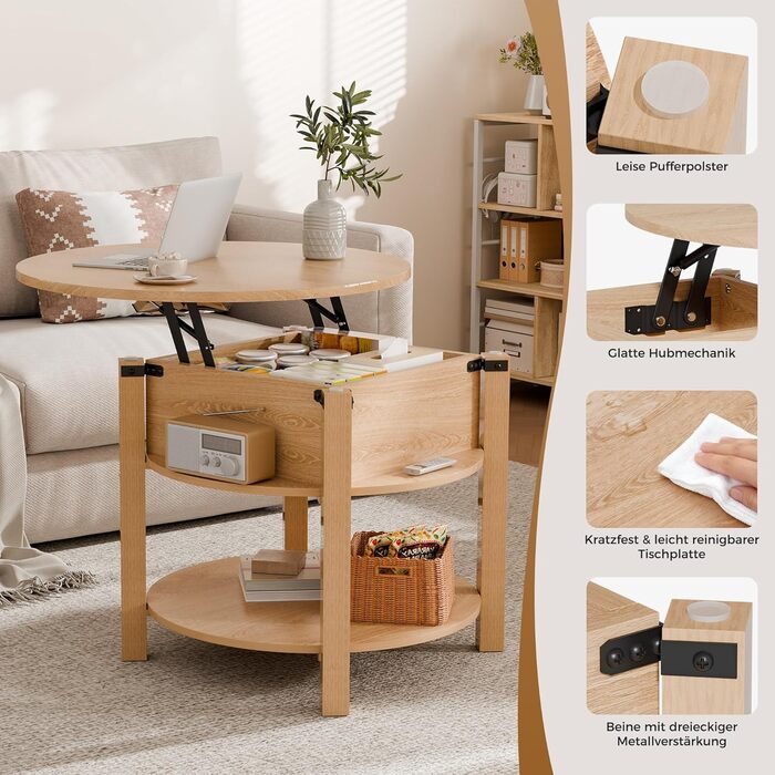 Круглий журнальний столик ELUCHANG з підйомною стільницею, журнальний столик 2-в-1 з регульованою висотою, бічний столик/стіл для вітальні з прихованим відділенням для зберігання, відкритий відсік, для вітальні/офісу, 60x60 см, дуб 60*60*48 см дуб