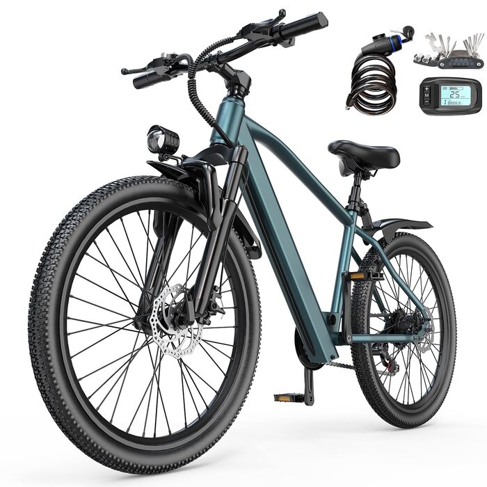 Електричний велосипед Elegllde E-Bike 26&39 з 7-швидкісною рамою з високовуглецевої сталі, двигун 250 Вт, акумулятор 10 Аг, максимальна швидкість 25 км/год, міський електровелосипед з РК-дисплеєм, ідеально підходить для жінок та чоловіків