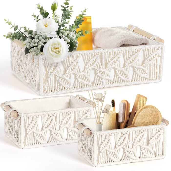 Набір кошиків для зберігання речей у ванній кімнаті ANZOME з 3 предметів у стилі бохо - плетені кошики макраме з дерев&39яними ручками та тканинною основою - декоративний органайзер для туалетного паперу, пеленального столика та рушників для гостей, колір