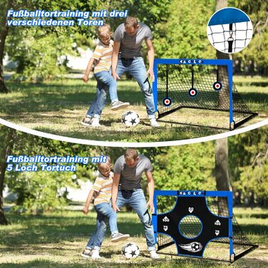Висувні футбольні ворота для дітей, садові футбольні ворота, вуличні футбольні ворота для дітей з цільовими зонами, три ворота, футбольні, 6 перешкод та сумка для перенесення, сині
