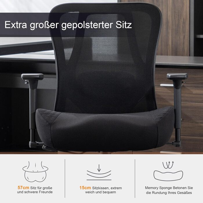 Ергономічне офісне крісло UEV 230 кг, регульована поперекова опора/підлокітники, дихаюча сітчаста оббивка, потовщена подушка сидіння 15 см, крісло для домашнього офісу, стілець для роботи, обертове крісло, чорний колір