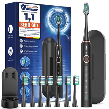 Електрична зубна щітка для дорослих і дітей звукова щітка з 8 насадками (3 типи), 90 днів роботи від акумулятора, 5 режимів, 50000 обертів на хвилину, дорожній футляр, таймер, чорний колір