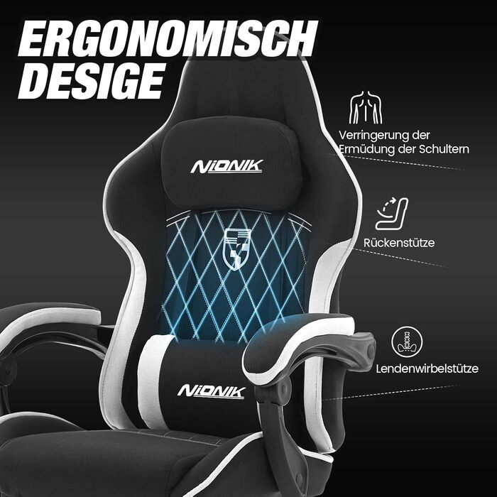Ігрове крісло, гоночне ігрове крісло з підставкою для ніг, ергономічне ігрове крісло з підголівником, регульоване комп&39ютерне крісло, регульована висота, поперекова підтримка для домашнього офісу та ігор, чорний/білий Nk-bw