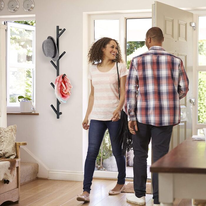 Вішалка настінна Relaxdays з 8 гачками, компактна, декоративна, металева, В х Ш х Г 100,5 х 19,5 х 7 см, вішалка, чорна