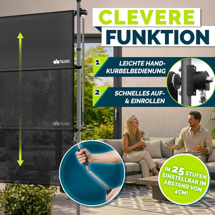 Вертикальна маркізка tillvex із затискачем та ручним приводом, свердління не потрібне Розсувна та непрозора ширма для забезпечення конфіденційності Вертикальна маркізка для балкона, тераси, саду Всепогодна штора для забезпечення конфіденційності (Антрацит