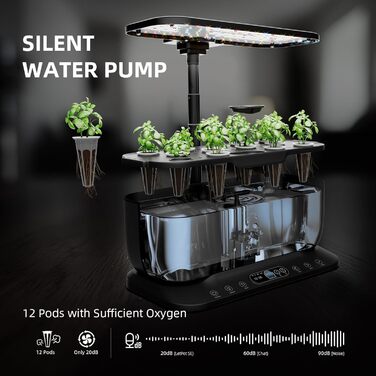Гідропонна система вирощування Spider Farmer SmartG12, 12 стручків для внутрішнього саду зі світлодіодною лампою для рослин 36 Вт повного спектру, керування APP та WiFi, резервуар для води 6 л, система насосів, автоматичний таймер