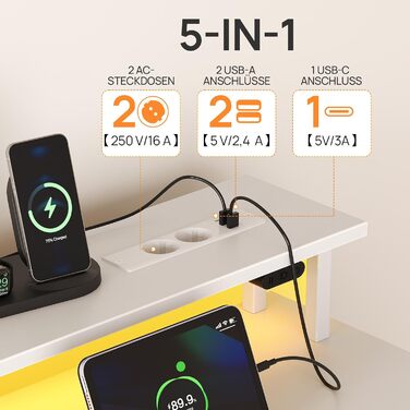 Письмовий стіл Rolanstar з розеткою, комп&39ютерний стіл з 5 шухлядами, світлодіодним освітленням, сумкою для зберігання та підставкою для монітора, сучасний кутовий стіл для домашнього офісу та ігор (білий)