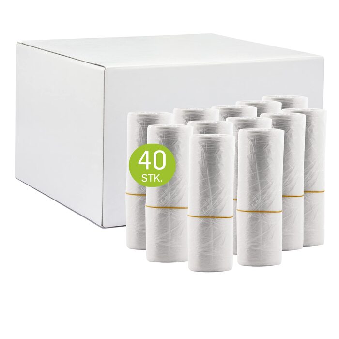 Рулонів у картонній коробці, кожен містить 50 мішків для сміття (2000 штук), 20 літрів, надзвичайно міцні та стабільні, 450x540 мм, товщина 8 мкм, прозорі, 50 шт. (упаковка по 40 шт. ), 40