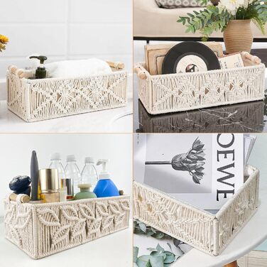 Набір із 2 плетених кошиків для зберігання макраме, декоративні коробки, бохо-декор, ручна робота з макраме з бавовняної мотузки з ручками для декору, подарунковий кошик, кошик для хліба, кошик для зберігання закусок (білий)
