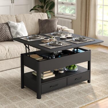 Регульований по висоті журнальний столик з шухлядами та потайним відділенням, стіл для вітальні, що трансформується в обідній стіл, чорний