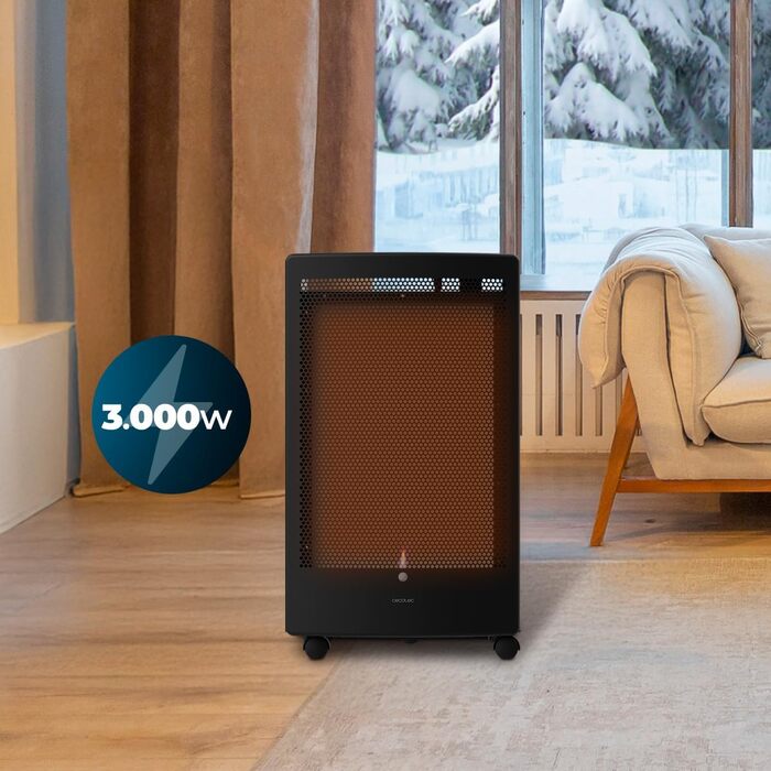 Каталітична газова плита Cecotec ReadyWarm 5300, потужність 3000 Вт у 2 етапах, рівномірний розподіл тепла, потрійна система безпеки, сумісна з газовими балонами місткістю 13 кг, ручки та 4 колеса