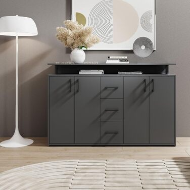Висока комод Drift з полицею антрацитового кольору - Сучасна шафа для вітальні з шухлядами та великою кількістю місця для зберігання речей - 139 x 90 x 34 см (Ш/В/Г)