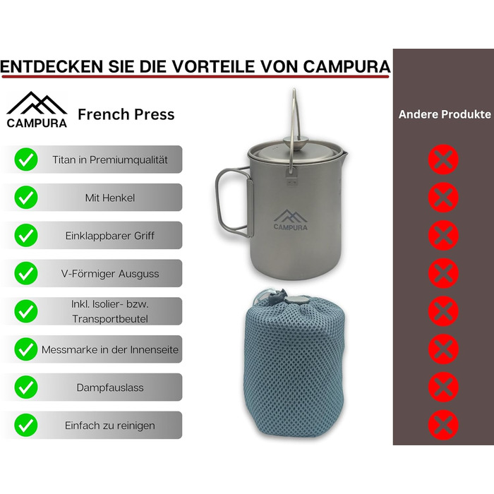 Титанова кавоварка Campura French Press 750 мл - Надлегка та міцна - Точний фільтр, Компактна та термостійка - Кавоварка для кемпінгу, бушкрафту, трекінгу та активного відпочинку - Титановий посуд