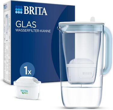 Скляний фільтр для води BRITA Глечик світло-блакитний (2,5 л), в т.ч. картридж MAXTRA PRO All-in-1 фільтр для води преміум-класу Скло, міцне та легке / зменшує вапняний наліт, хлор, метали, такі як свинець і мідь, включаючи 1 картридж один