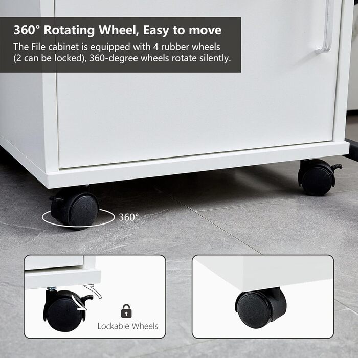 Шафа для документів на колесах із замком, дерев&39яна, з шухлядою та закритим місцем для зберігання, мобільна шафа під столом для паперу та папок формату А4, біла, 1 шухляда 1 дверцята для зберігання