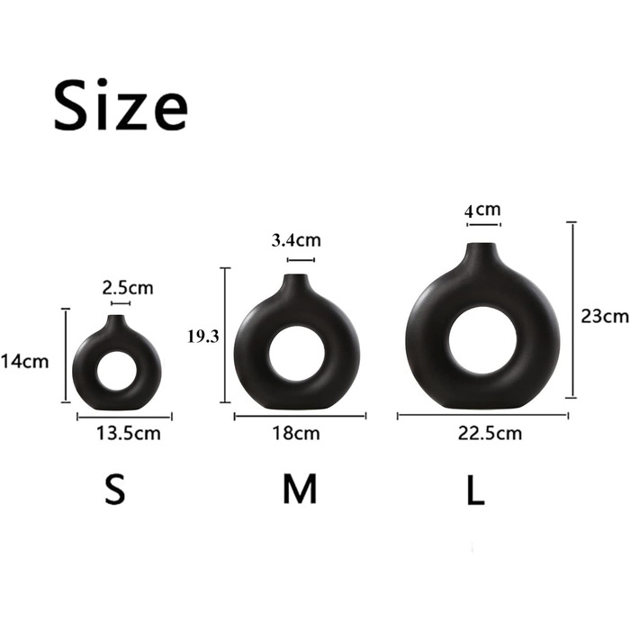 Ваза чорна матова, керамічна ваза для пончиків сучасна декоративна ваза, ваза кругла з отвором, вази ручної роботи для вітальні, с