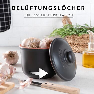 Літра - Керамічний горщик для часнику - Дихаюча глина довше зберігає овочі свіжими - Ідеальна циркуляція повітря - Чорний, 0,6