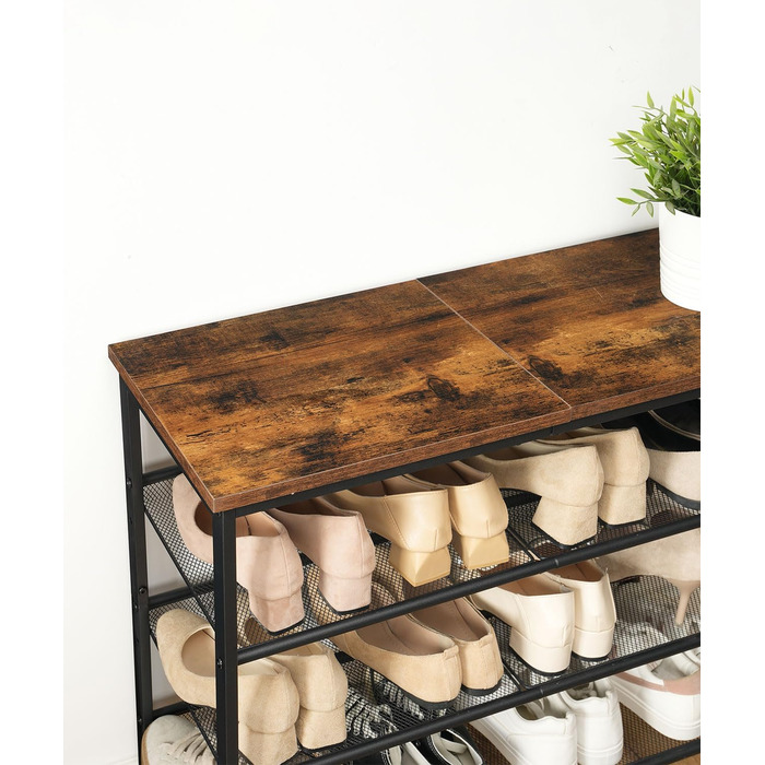 Взуттєва полиця HOOBRO, 4 полиці для взуття, шафа для взуття, регульована металева сітчаста полиця, містка верхня частина, для 12-15 пар взуття, вхід, коридор, індустріальний стиль, вінтажний коричнево-чорний EBF42XJ01 темно-коричневий чорний 75 x 30 x 69