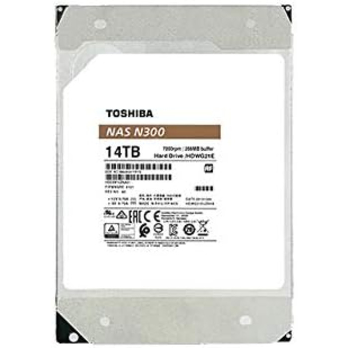 Внутрішній жорсткий диск Toshiba 14TB N300 NAS 3.5' SATA. Робота 24/7, підтримка систем з 1-8 відсіками, кеш-пам'ять 256 МБ, робоче навантаження 180 ТБ/рік, гарантія 3 роки (HDWG21EUZSVA).