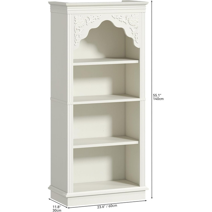 Рівнева вінтажна книжкова полиця з різьбленим дизайном, відкрите сховище для вітрин - ідеально підходить для вітальні, спальні, кабінету та офісу, біла, 140 см, 4-