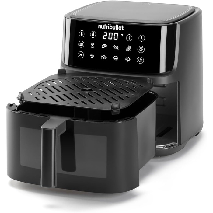 Аерофритюрниця nutribullet Crisplite Vision, 8 л, цифрове керування 80-200, без PFAS, 8 авторежимів, сенсорна панель, кошик придатний для ПММ, 2000 Вт, матовий чорний (NBA0811DG)