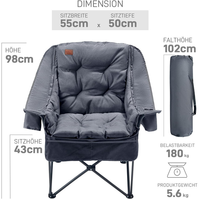 Складаний кемпінговий стілець EVER ADVANCED 2-в-1, великий зі знімною оббивкою товщиною 6 см, вантажопідйомність 180 кг, складний стілець з боковими кишенями, відділенням для холодильника та тримачем для напоїв для кемпінгу, саду, риболовлі, сірого кольор