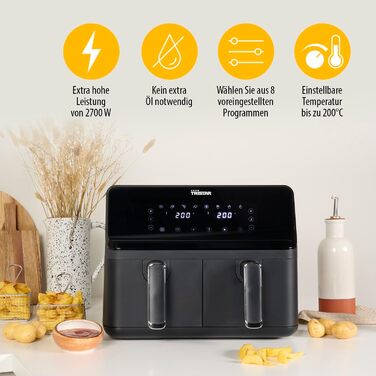 Цифрова фритюрниця Tristar з подвійним кошиком - 2 x 4 л ємність - 2700 Вт - 8 програм - температура регулюється в кожному кошику, чорний