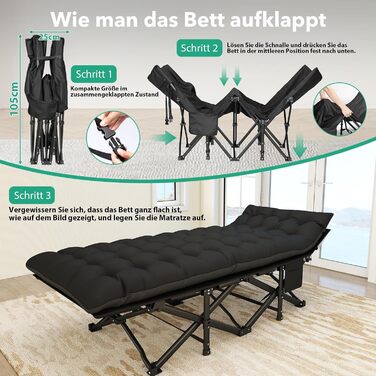 Розкладне похідне ліжко з матрацом, туристичне ліжко, легке, до 208 кг, гостьове ліжко, складне з сумкою для перенесення, сталеве туристичне ліжко для дорослих, для вулиці, приміщень, саду, подорожей, розкладне ліжко, чорне XL 190x735см