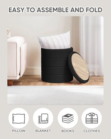 Табурет PINPLUS з місцем для зберігання, кругла коробка для зберігання з кришкою, складна підставка для ніг, м&39який табурет з місцем для зберігання Ø 37x45 см для вітальні, спальні та коридору, чорний 37Г x 37Ш x 45В см
