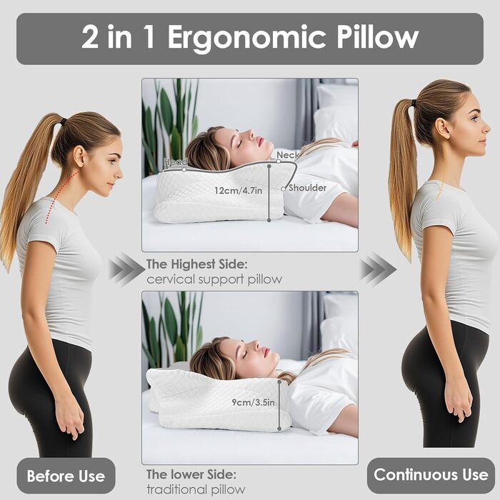 Велика подушка для шиї з піни з ефектом пам&39яті, ергономічна ортопедична подушка, регульована по висоті, подушка для сну на боці, спині та животі - 63 x 42 см x 9/12 см