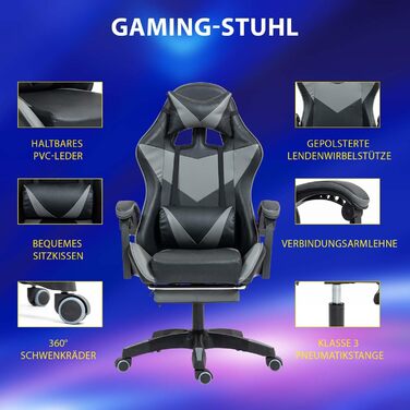 Ігрове крісло з підставкою для ніг, ігрове крісло для дорослих, комп&39ютерне крісло з поперековою опорою, підголівником, офісне крісло з регульованою висотою, чорнийсірий з підставкою для ніг чорнийсірий