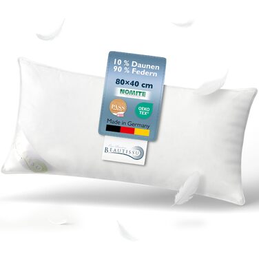 Пухова подушка Beautissu 40x80 80x80 Пухова та пір&39яна подушка, 100 зроблено в Німеччині Пухова подушка 40 x 80 см Сертифіковано Oeko-Tex, Downpass та Nomite Можна прати та сушити в сушильній машині FK 40x80 см (1 упаковка)