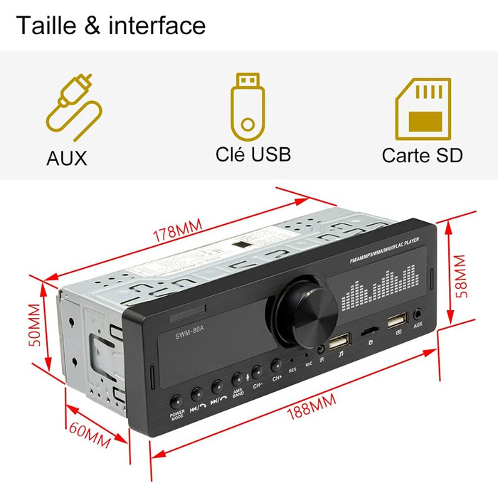 Автомобільна стереосистема CAMECHO з Bluetooth гучного зв'язку, 2 порти USB, функція MP3, FM/TF/AUX/USB, з поворотними кнопками гучності, з пультом дистанційного керування мобільний додаток різнокольорові вогні