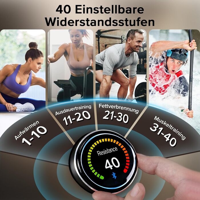 Домашній гребний тренажер MOBI FITNESS, інтелектуальний магнітний гребний тренажер з 40 рівнями опору, максимальний опір 45 кг, максимальна вага користувача 160 кг, світлодіодний дисплей даних, тиха конструкція (сумісний із додатком) Luka