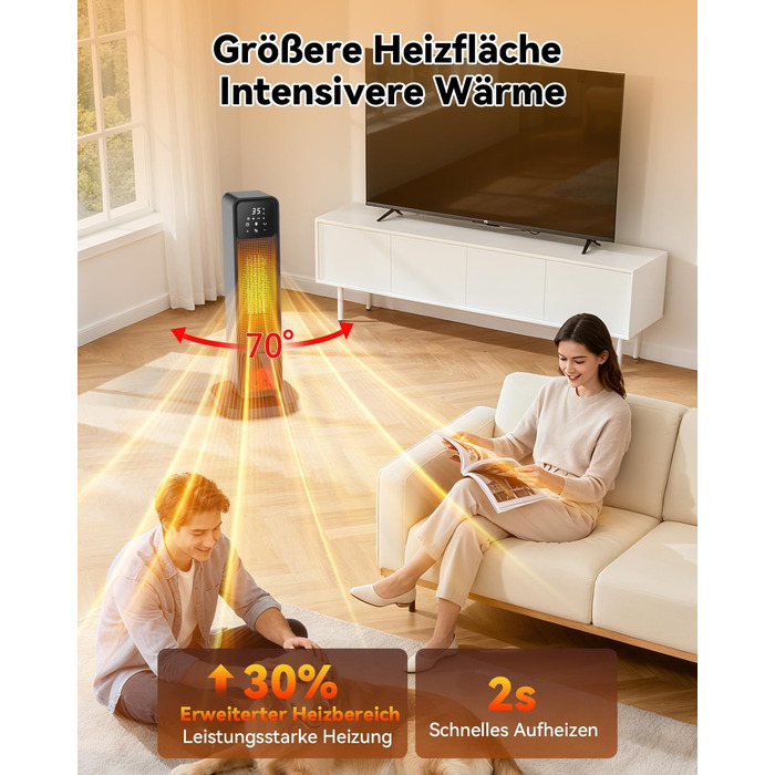 Енергозберігаючий вентилятор-обігрівач, керамічний PTC вентилятор-обігрівач потужністю 2200 Вт, тихий з дистанційним керуванням, електричний обігрівач з 4 режимами, 12-годинний таймер, термостат, режим ECO, коливання 70, захист від перегріву та перекиданн