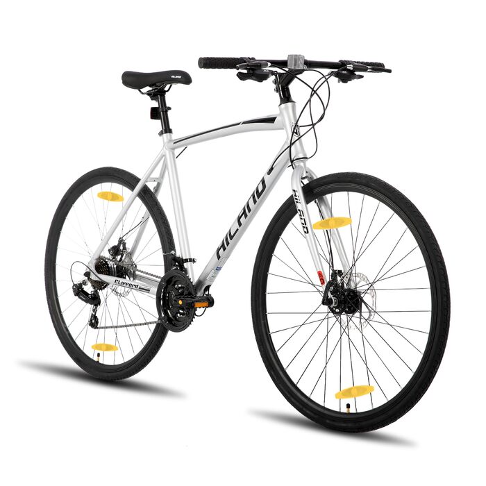 Шосейний велосипед Hiland 28 дюймів, 21 передача, міський велосипед для чоловіків з дисковими гальмами, рама 530 мм, зручний шосейний велосипед, колеса 700C, чорний/червоний/срібний, розмір L