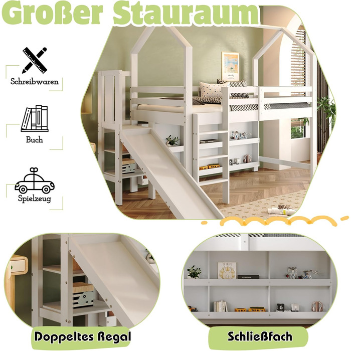 Дитяче двоярусне ліжко 90 x 200 см з гіркою, Багатофункціональне дитяче ліжко зі сходами та полицею для зберігання, Односпальне ліжко Treehouse з місцем для зберігання, Масив дерева МДФ, Білий
