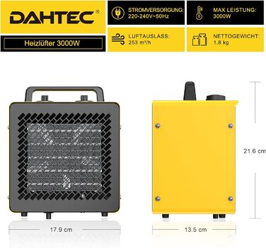 Керамічний вентилятор-обігрівач 3000 Вт, невеликий променевий обігрівач, будівельний обігрівач, осушувач повітря з термостатом та 3 режимами нагріву, вентилятор-обігрівач для ванної кімнати, столу та використання в приміщенні, 3 кВт, жовтий