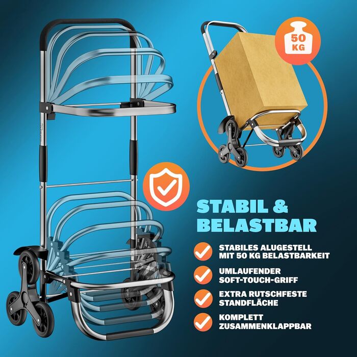 Універсальний візок для покупок 3-в-1, 56 л, до 50 кг, складаний, зі знімною сумкою, 6 коліс, плечовий ремінь, для сходів, чорний з меланжем