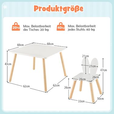 Дитячий стіл DREAMADE з 2 стільцями, комплект дитячих сидінь зі спинкою у формі кролячих вух та ніжками з масиву дерева, комплект із 3 предметів для дітей від 3 років для дитячих кімнат та дитячих садків, білий (білий)
